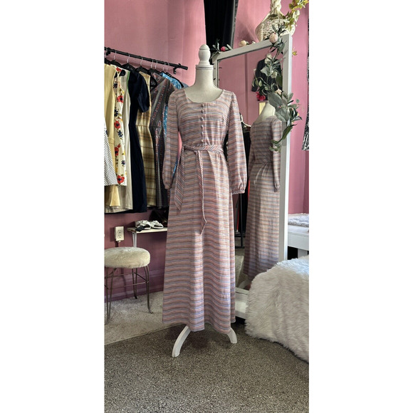 Vintage 60s 70s Maxi Dress Pink Purple Stripes Mod Balloon Sleeves Shimmer XS/S - Picture 2 of 9